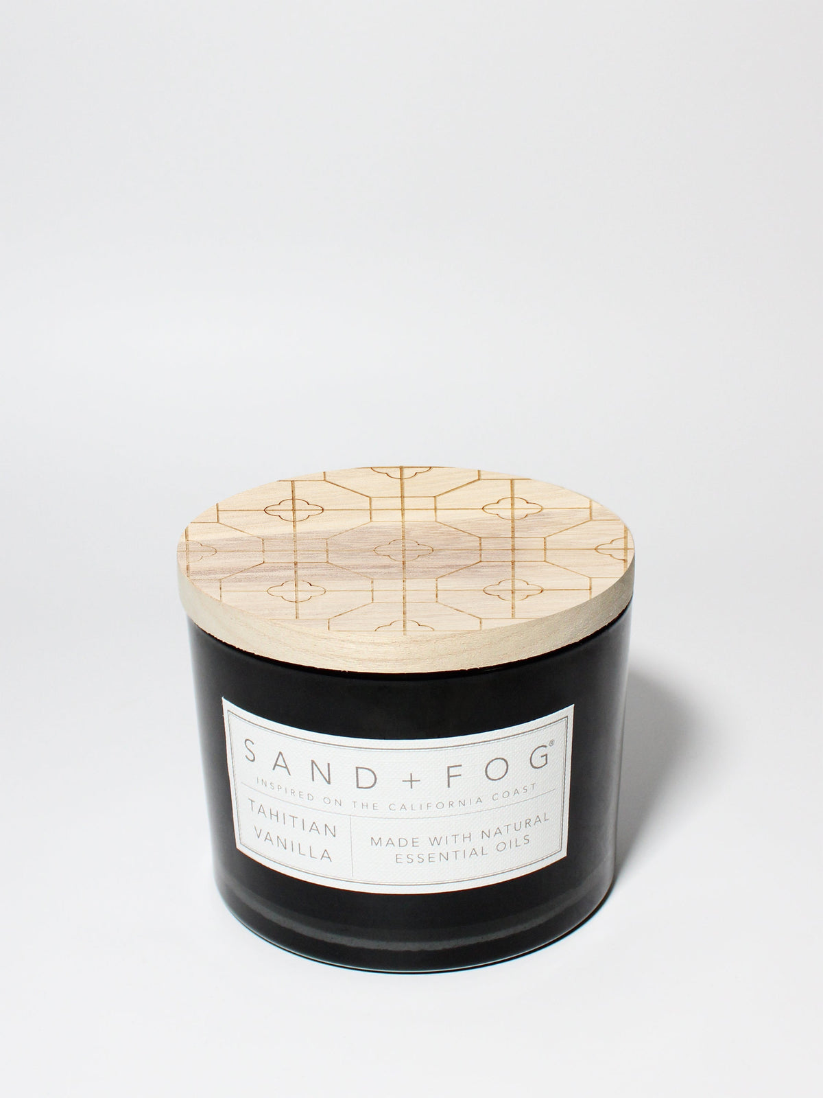 Tahitian Vanilla 12 oz scented candle Black vessel with Carved geometric lid